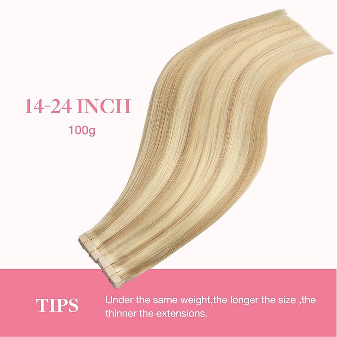 GOO GOO Tape in Hair Extensions Human Hair, 18A/613A Dark Blonde Highlighted Bleach Blonde, 14inch 100g 40pcs, Skin Weft Seamless Invisible, Silky Straight with Thick Ends, Remy Human Hair