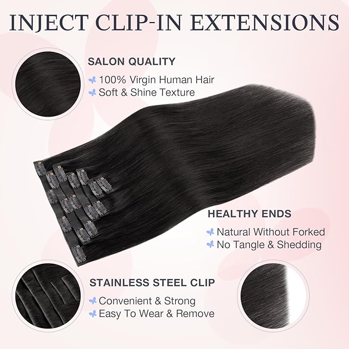 DOORES Human Hair Clip in Extensions 16 Inch 130g 7pcs, Invisi Edge Seamless Real Human Clip in Hair Extensions Invisible Remy Virgin Clipins Straight Skin Weft Thickening, 1B Natural Black