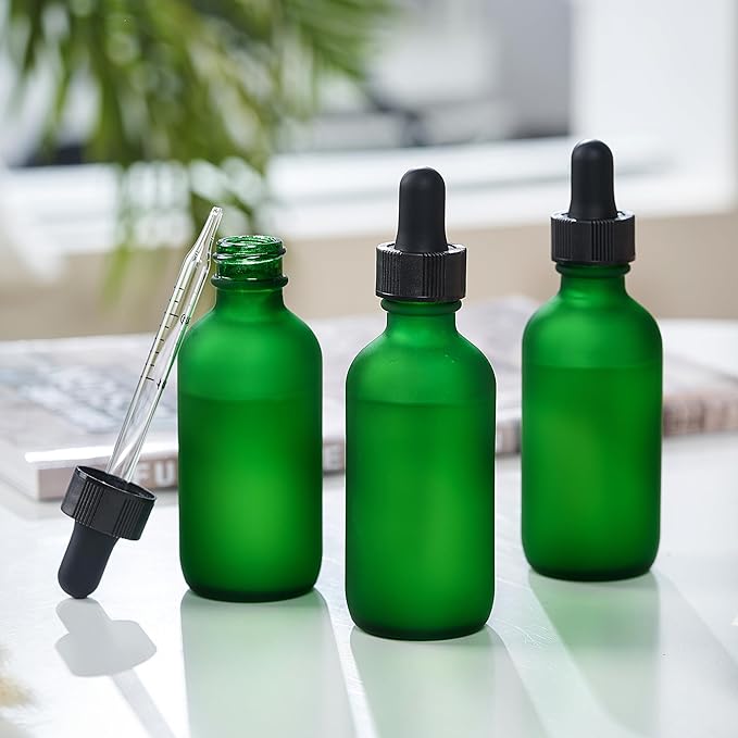 24 Pcs, 2oz Glass Dropper Bottle, Leakproof Tincture Bottles with Dropper, Green Reusable Eye Dropper Bottle, Preety Frosted Texture, for All Kinds of Liquids (Green-Frosted, 2oz-24pcs)