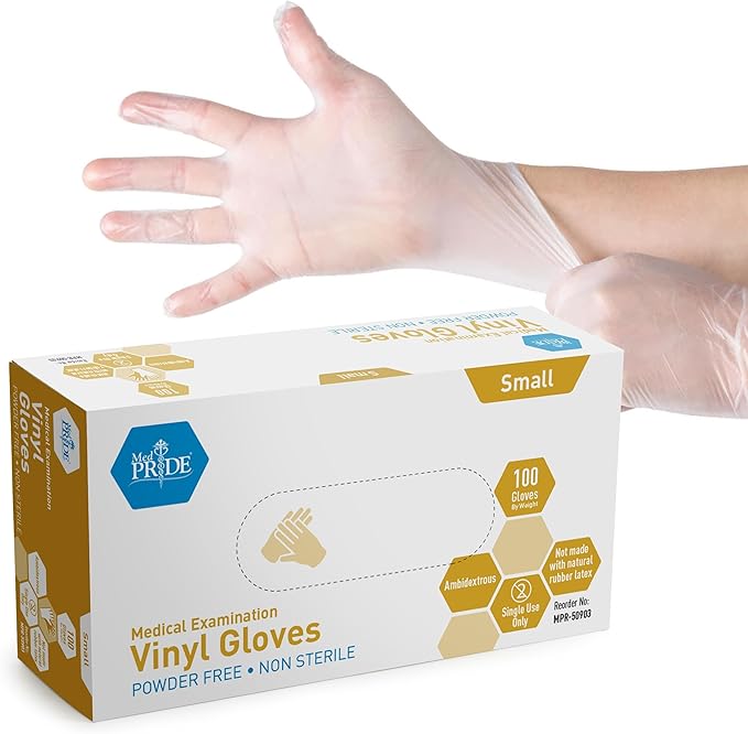 MED PRIDE Medical Vinyl Examination Gloves (Small, 100-Count) Latex & Rubber Free, Ultra-Strong, Clear Disposable Powder-Free Gloves for Healthcare & Food Handling Use