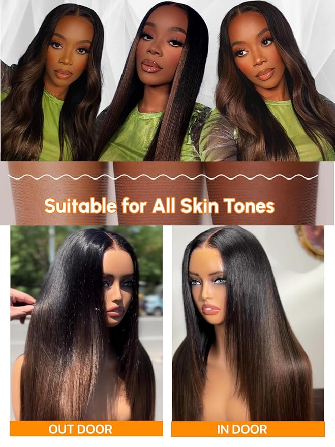 Julia Hair Chestnut Brown Ombre Yaki Straight 7x5 Pre Cut HD Lace Put On and Go Wig Bye Bye Knots Glueless Human Hair Wigs with Invisi Drawstring Pre Plucked Bleached Knots Beginner Friendly 16 Inch