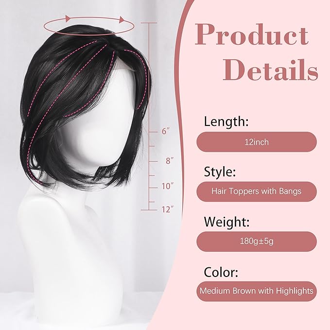 CROWN GUIDE 12 Inch Hair Toppers for Women with Thinning Hair - Synthetic Clip in Topper with Bangs Breathable Hairpiece 6.5x6.5 Base, Instantly Adds Volume & Wiglets Full Coverage (Black Brown)