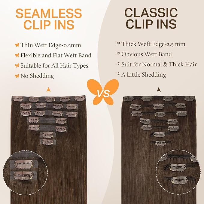 DOORES Chocolate Brown Clip in Hair Extensions, 16 Inch 110g 7pcs, Seamless Remy Human Hair Straight Invisi Edge Extensions