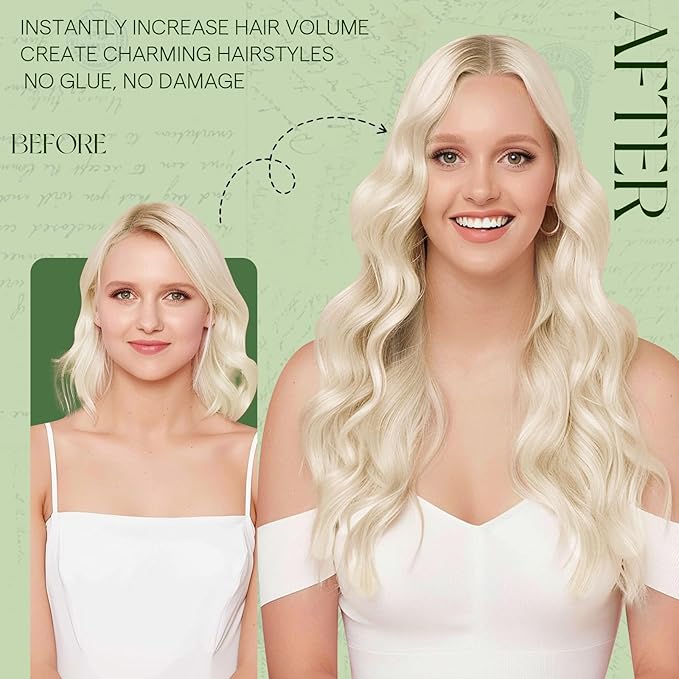 RUNATURE Clip in Hair Extensions Real Human Hair Blonde, Real Hair Extensions Clip in Human Hair, Long Straight Human Hair 24 Inch 135g 7pcs #800 Platinum Blonde