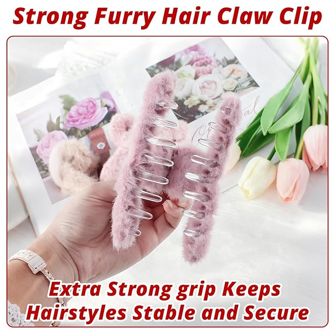 VinBee 4 PCS Faux Fur Hair Clips Large Plush Hair Catch Barrette Jaw Clamp for Women Girls Half Bun Hairpins for Thick Hair Cute Claw Clips Hair Accessories (4.5 Inch)