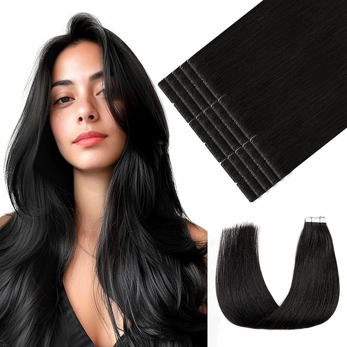 Youngsmile Injection Tape in Hair Extensions Human Hair, #1B Natural Black Invisible Tape in Injected Hair Extensions, 20pcs 35g, 16 Inch Injected Tape Ins Straight Extensiones De Cabello (#1B,16'')
