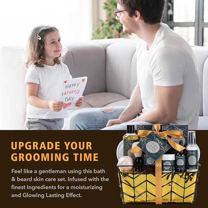 Fathers day gift baskets Birthday Day Gifts for Him Spa Gift Basket for Men, Body Wash, 13pcs Sandalwood Oak Moss Bath and Beard Kit for Men with Beard Brush, Christmas Gifts Spa Kits for Man dad