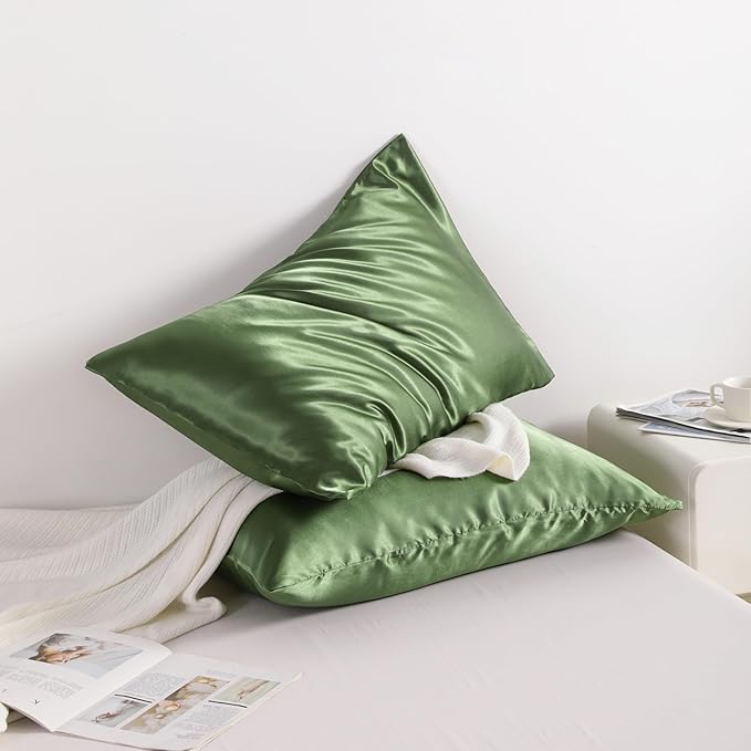 NTBAY 12 Pack Satin King Pillowcases for Hair and Skin, Luxurious and Silky Pillow Cases with Envelope Closure, 20 x 36 Inches, Olive Green