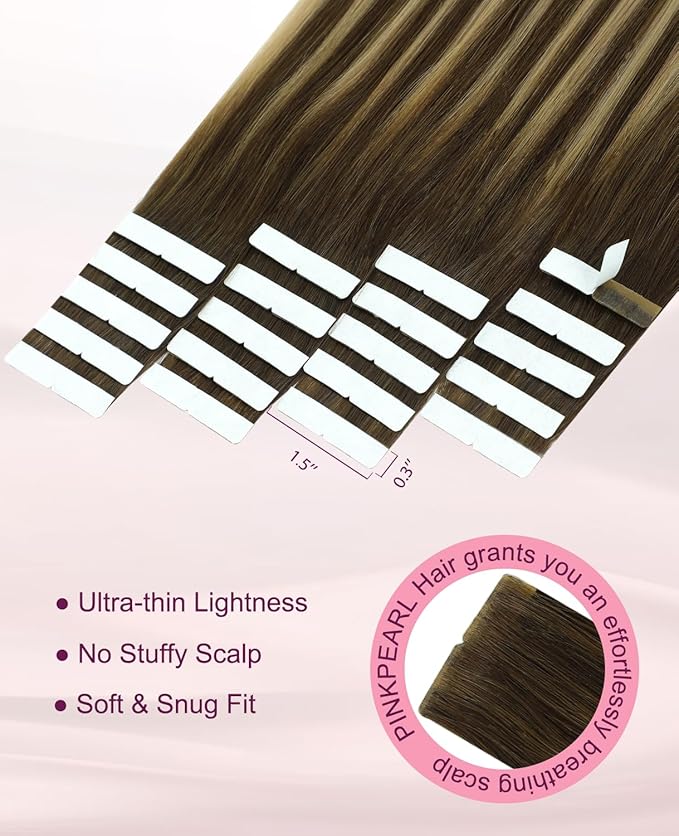 Pinkpearl Invisible Tape in Hair Extensions Human Hair, 20pcs 14inch 40g #4/27/4 Balayage Chocolate Brown to Caramel Blonde Injection Tape in Extensions Real Remy Seamless Human Hair Injected