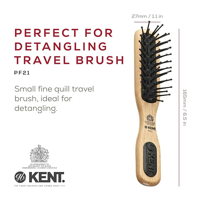 Kent PF21 Narrow Cushion Paddle Brush - Taming Fine Pins, Detangling Long, Thick and Curly Hair, Scalp Massager for Growth Stimulation on Wet or Dry Hair. Made in England