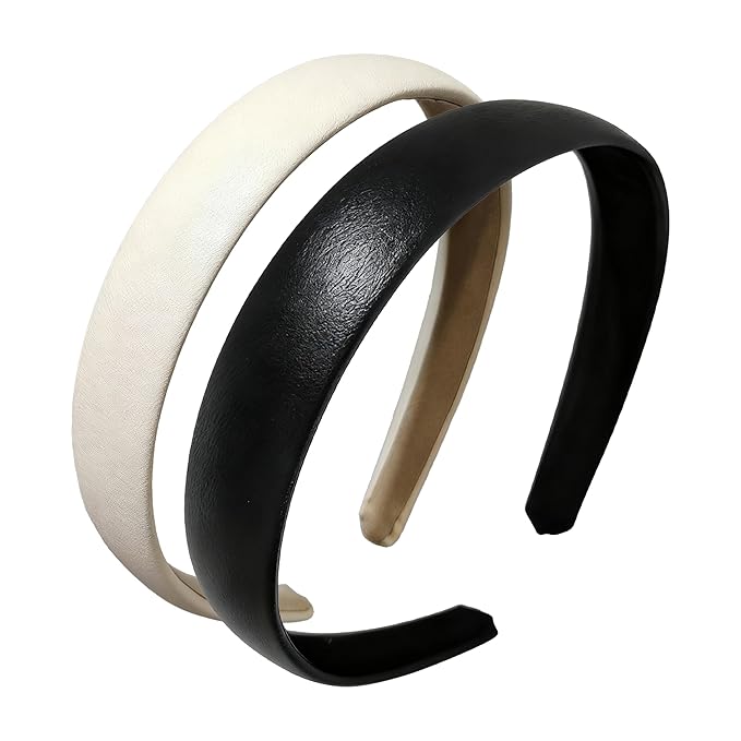 2-Piece Black & White Leather Headbands - Non-Slip Wide Padded Hair Accessories for Women, Cute Fashion DIY Hair Hoops