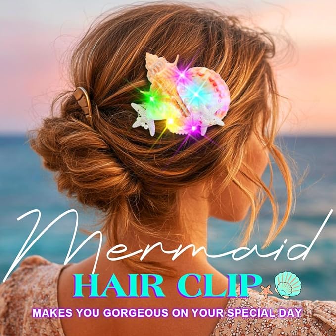JAKAWIN Light Up Mermaid Hair Accessories Seashell Hair Clips Ocean Starfish Clip for Women
