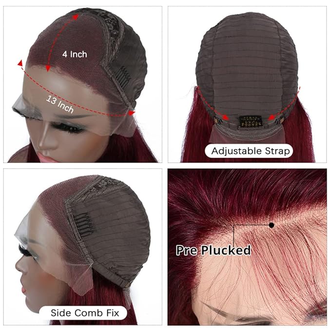 Burgundy 99J Lace Front Wigs Human Hair Pre Plucked Wine Red 13x4 Straight Lace Frontal Wig with Baby Hair for Black Women 150% Density Wig Colored Brazilian Virgin Hair Wig 20 Inch