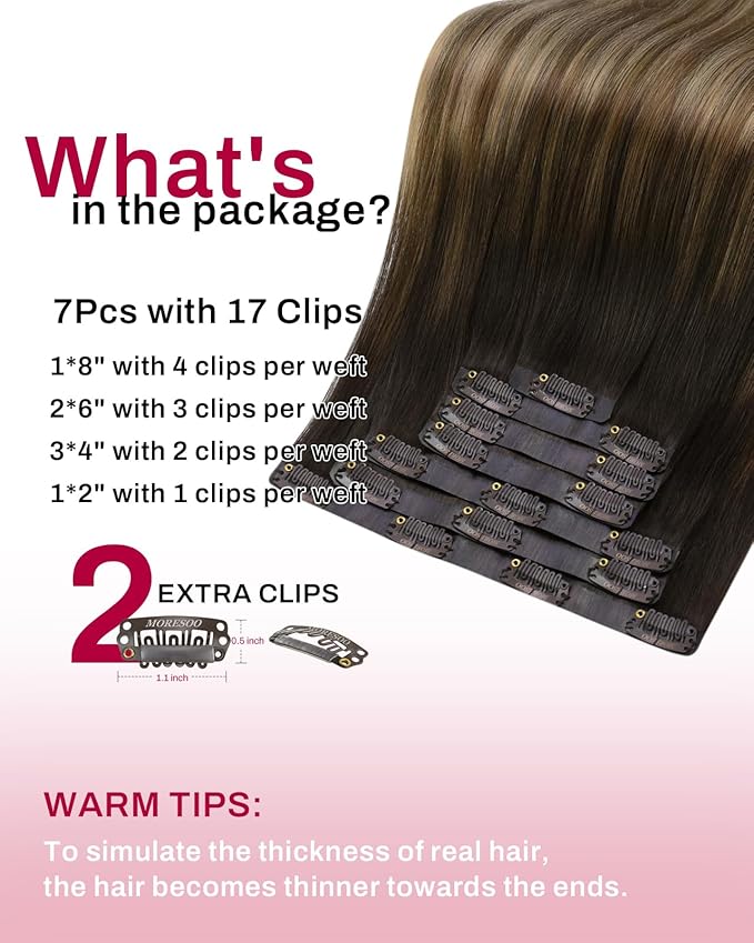 Moresoo Seamless Hair Extensions Clip in Dark Brown to Blonde Ombre Clip in Human Hair Extensions for Short Dark Brown to Medium Blonde with Golden Blonde 120g/7pcs 14in
