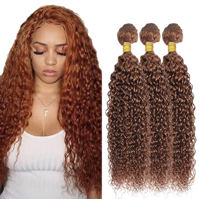 Light Brown Bundles Human Hair Color #30 Water Wave Bundle Niegmeag Brazilian Virgin Hair 3 Bundles 18 20 22 Inch Double Weft Light Brown Wet and Wavy Bundle