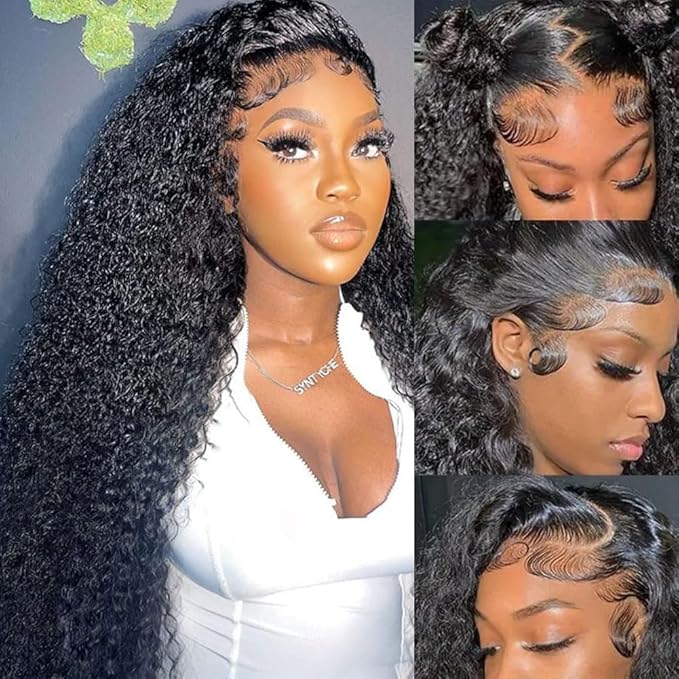 Aomllute 28 Inch Deep Wave Lace Front Wigs Human Hair 200 Density 13x4 HD Lace Frontal Wigs Human Hair Pre Plucked Deep Curly Glueless Wigs for Women Natural Black