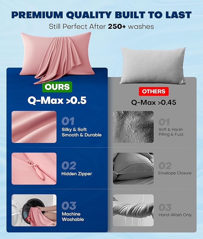 Ultra-Chill Cooling Pillowcase Set of 2 for Hot Sleepers, Softer Than Silk Pillow Cases for Protecting Hair & Skin, Breathable Bed Pillow Covers w/Zipper, Gifts for Women & Men (Pink, Queen)