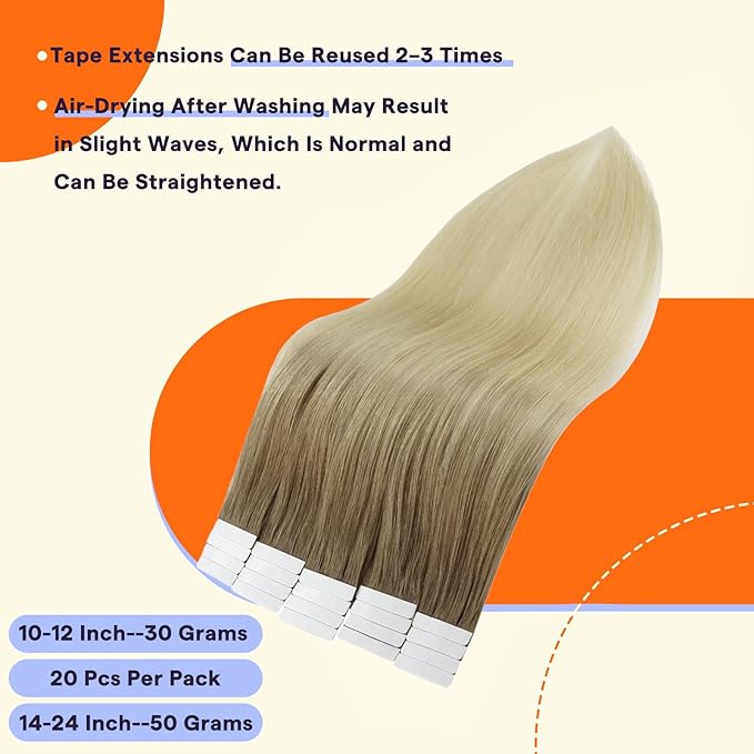 Full Shine Tape Ins Human Hair Extensions 20 Inch Color 3 and 8 Brown Fading to 613 Bleach Blonde Seamless Skin Weft Tape in Hair Extensions 50 Grams Natural Straight Remy Hair 20PCS for Wedding