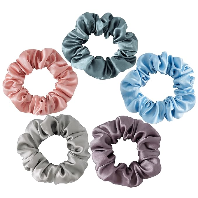 Silk Hair Scrunchies, 100% Mulberry Silk Hair Tie, No Damage for Frizz Prevention, Sleep and Night Scrunchie, Hair Accessories for Women (Rubber Red, Haze Blue, Light Blue, Gray, Sauce Purple)