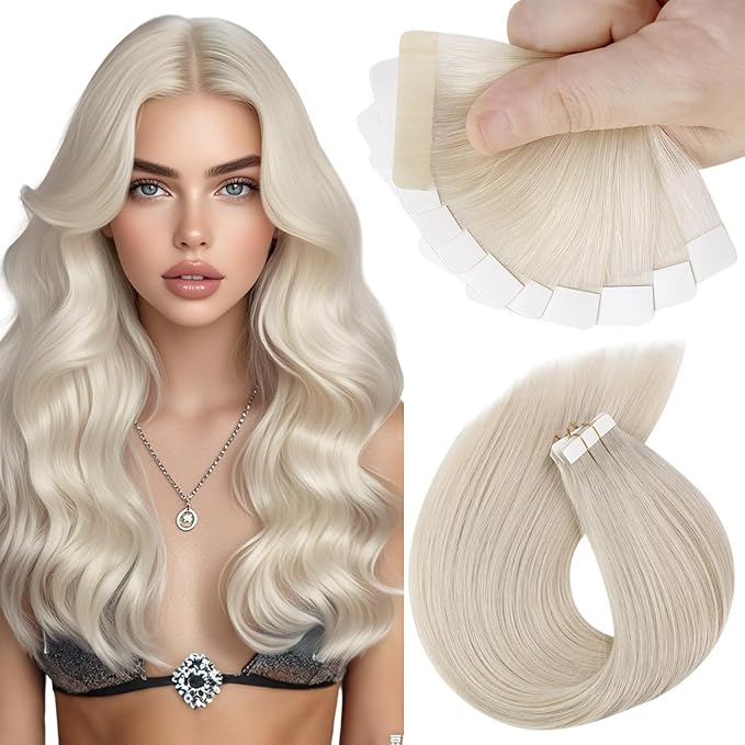 Sunny Hair Tape in Hair Extensions Real Human Hair Invisible Remy Hair Extensions Tape ins for Women White Blonde 24 inch 25G