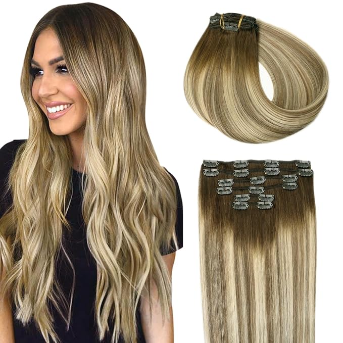 SURNEL Clip in Extensions Human Hair Balayage Walnut Brown to Ash Brown and Golden Blonde Clip in Hair Extensions 20inch 120g 6pcs(#3/8/22,20'')