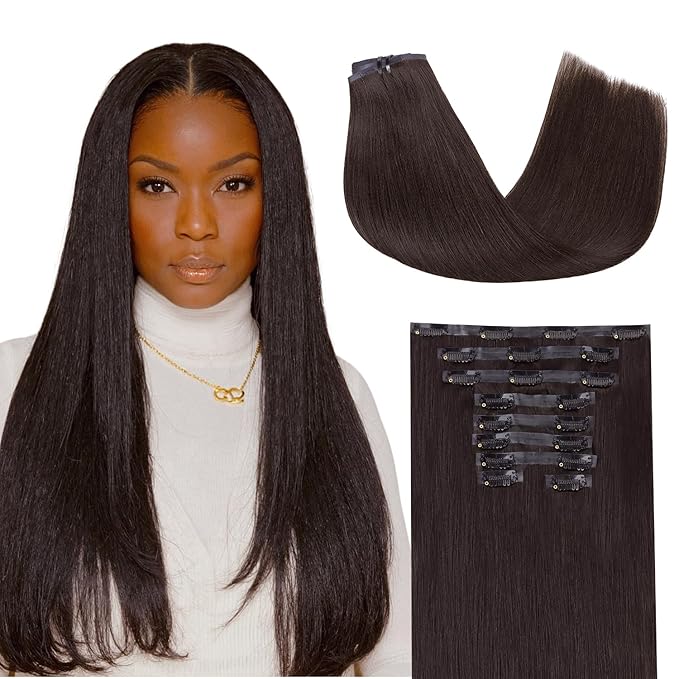 Lashey Seamless Clip in Hair Extensions Human Hair 130g 18 Inch 9pcs #2 Dark Brown Light Yaki Straight Full Pack Clip in Hair Extensions for Women