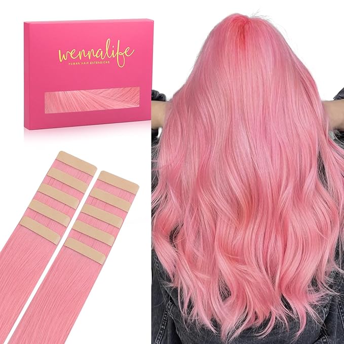 WENNALIFE Tape in Hair Extensions Human Hair Peach Pink Tape in Extensions, 10pcs 30g 26 inch Remy Invisible Tape Ins Straight Colored Soft Refill Set