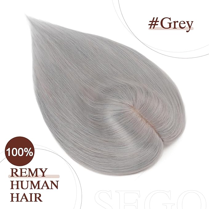 SEGO Hair Topper for Women, No Bangs Real Human Hair Topper with Anti-Slip Clips (8 Inches #Grey)