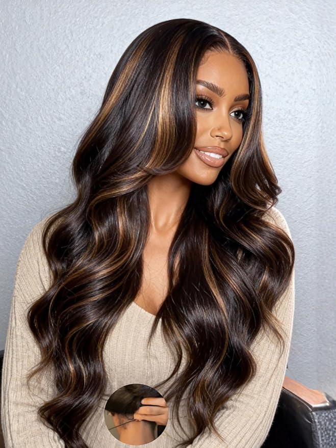 Julia Hair 13x4 Pre Everything Chestnut Brown Highlight Yaki Loose Body Wave Wig With Drawstring Glueless Wigs Human Hair HD Lace Frontal Wig Bleached Knots Ready to Go 20 Inch