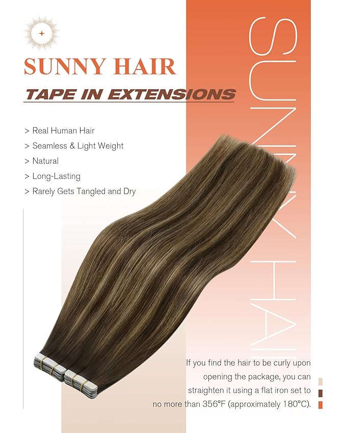 Sunny Hair Tape in Hair Extensions Real Human Hair Invisible Remy Hair Extensions Tape ins for Women Dark Brown Root to Caramel Blonde Balayage 16 inch 20Pcs 50G