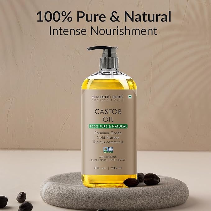 Majestic Pure Castor Oil - 100% Pure & Natural - Premium Grade, Cold Pressed, Hexane Free - Hair, Eyelashes, Eyebrows, Nails - Moisturizing & Nourishing - 8 Fl Oz