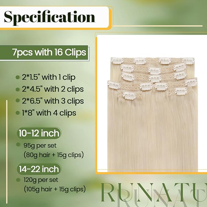 RUNATURE Blonde Clip in Hair Extensions Real Human Hair 18 Inch 120g 7pcs Real Hair Extensions Clip Ins Human Hair Extensions Clip in Double Weft Straight Hair #60 Platinum Blonde