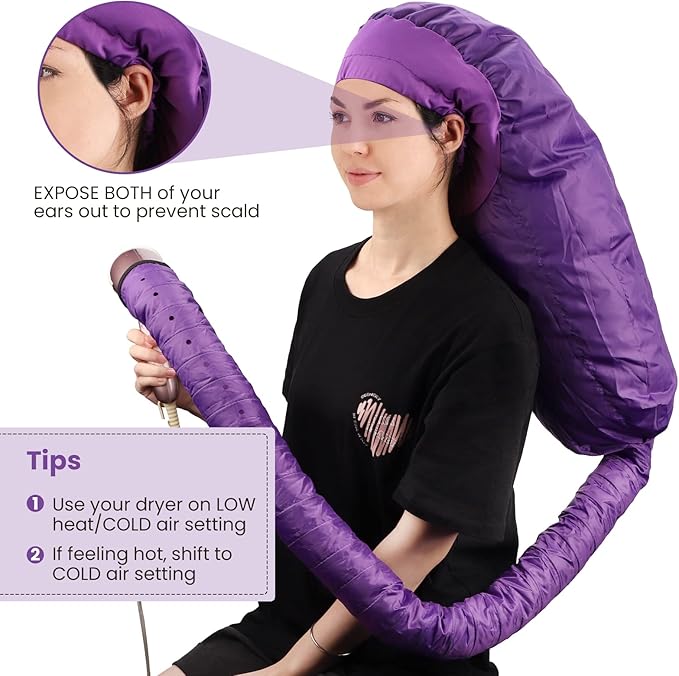 Segbeauty Bonnet Hooded Hair Dryer Attachment, XL Adjustable Deep Conditioning Cap, Upgraded Drying Heat Cap with Elastic Strap for Curly Hair Nursing Oil Treat-Ment Fast Drying Styling Purple
