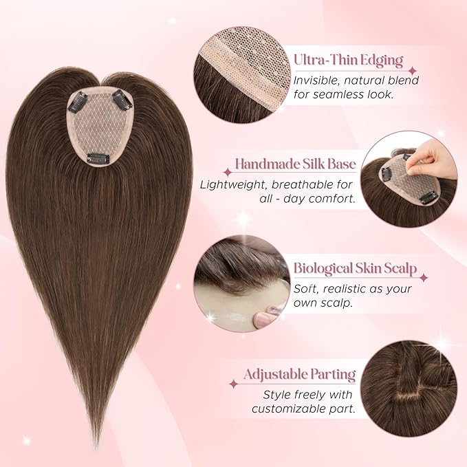 Real Human Hair Toppers for Women 3.54"*4.72" Silky Base 150% Density No Bangs Adjustable Parting Clip-In Topper Hairpieces for Women with Thinning Hair 16 Inches Dark Brown