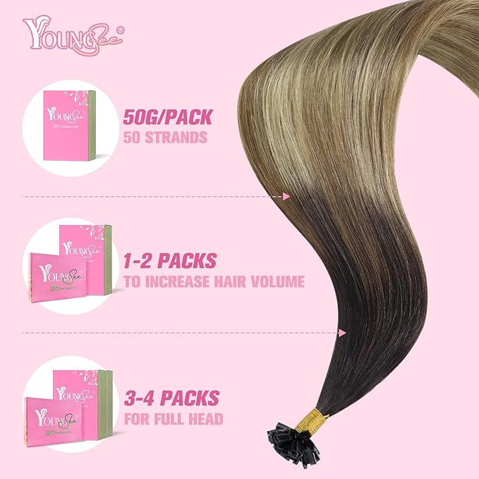 YoungSee K Tip Hair Extensions Human Hair Balayage 20 Inch K Tips Human Hair Extensions Balayage Blonde with Brown 50s/50g