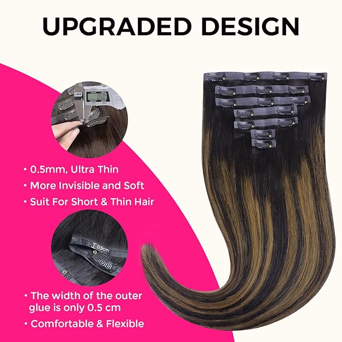 Lashey Seamless Hair Extensions Clip ins Staright 110g Natural Black Mixed Chestnut Brown 20 Inch 7pcs PU Weft Clip in Hair Extensions Real Human Hair with Invisi Edge for Black Women