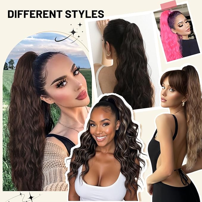 LEEONS 26 inch Drawstring ponytail Extension, Long Wavy pony tails hair extensions for Women - Synthetic Hairpiece Ponytail for Daily Use (Omber Black to Wine Red)