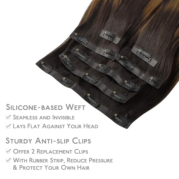 WENNALIFE Seamless Clip In Hair Extensions Human Hair, 12 Inch 80g 7pcs Balayage Dark Brown Mixed Chestnut Brown Real Hair Extensions Clip in Human Hair Invisible PU Skin Weft Natural