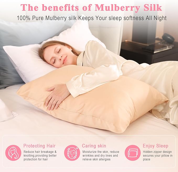 100% Pure Silk Pillowcase 2 Pack for Hair and Skin, Both Sides 23 Momme Grade 6A+ Mulberry Silk Pillowcases with Hidden Zipper, Soft&Smooth Cooling Pillow Cases (Champagne, Standard 20x26)