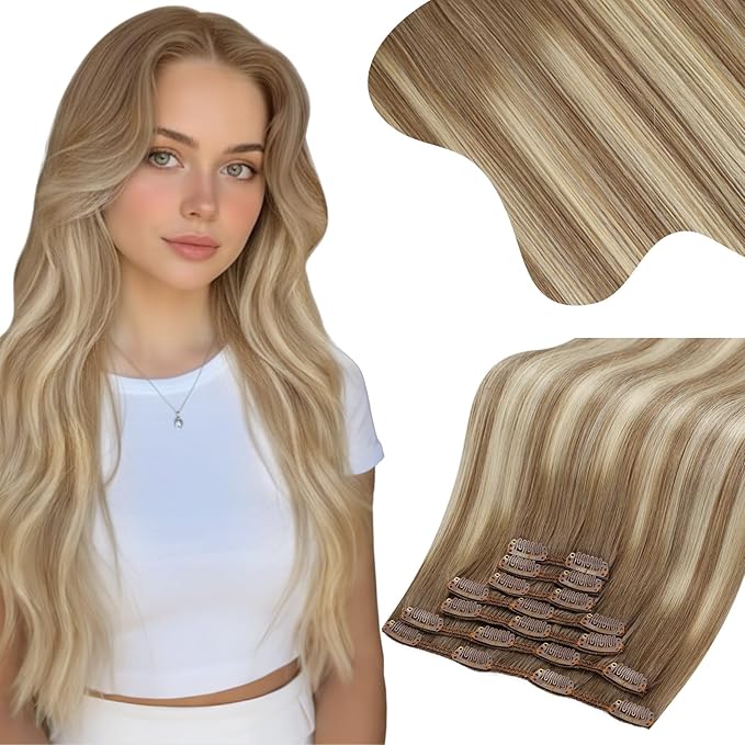 Moresoo Clip in Hair Extensions Ombre Light Brown Mixed with Golden Blonde Hair Extensions Real Human Hair Clip ins Balayage Double Weft 7pcs/135g 18inch