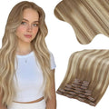 Moresoo Ombre Brown to Blonde Clip in Hair Extensions Human Hair Light Brown to Medium Blonde Remy Human Hair Clip in Extensions to Add Volume for Women Long And Thick 150g/7pcs 22 inch