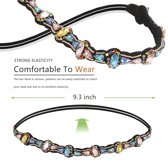 AMCAMI Rhinestone Crystal Beaded Hairbands 5 Pack - Elastic Hippie Hair Accessories for Women and Girls