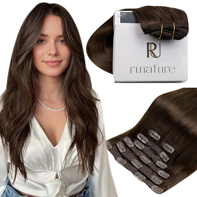 RUNATURE Real Hair Extensions Clip Ins, Brown Clip in Hair Extensions Real Human Hair, 18 Inch 120g 7pcs Full Head Thick Remy Hair, Add Hair Volume #4 Chocolate Brown
