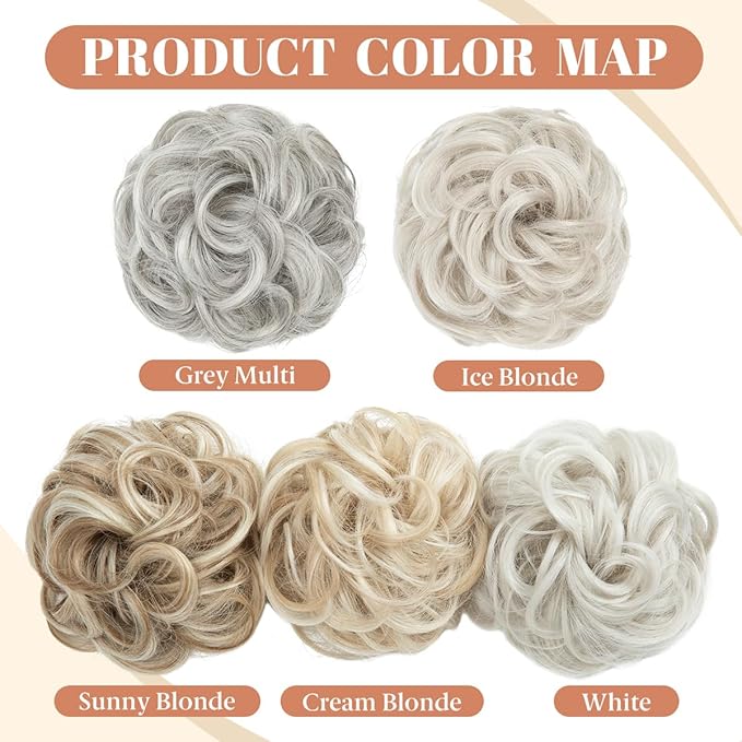CJL HAIR 2PCS Messy Bun Hair Pieces Wavy Curly Synthetic Updo Chignon Fake Scrunchies Ponytail Extension for Women Grey Multi