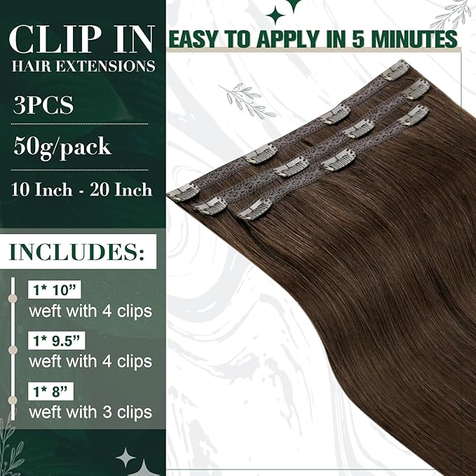 RUNATURE Real Hair Extension Clip in Human Hair, Clip in Hair Extensions Real Human Hair Short, Brown Hair Extensions Clip ins, Natural Looking, 12 Inch 50g 3pcs #4 Medium Brown