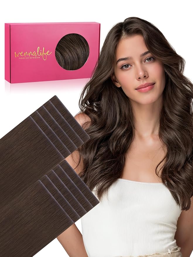 WENNALIFE Invisi Edge 8cm Tape in Hair Extensions Human Hair, 18 Inch 50g 10pcs, Chocolate Brown Invisible Remy Tape Ins Straight Reusable Natural Injected Weft Extensiones De Cabello Humano