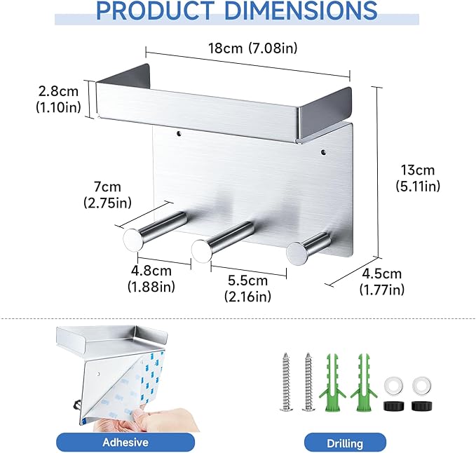 Hair Dryer Holder Wall Mounted, Stainless Steel Blow Dryer Holder for Attachments Storage, Hair Tool Organizer with Plug&Cord Hook, Adhesive Hairdryer Hanger for Bathroom, Silver