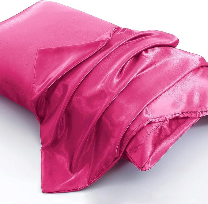 Aormenzy Satin Pillow Cases for Women Queen Size Set of 2, Hot Pink Satin Pillowcase for Hair with Envelope Closure Silky Pillow Covers Wrinkle, Fade Resistant (20x30 Inches)