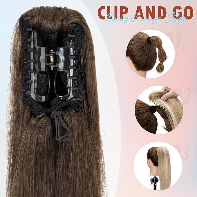 Hairro Ponytail Hair Extensions Claw Clip In Ponytails Jaw On Ponytail Extensions 100% Real Human Hair Long Straight Jaw/Claw Clips Pony Tail Hairpieces For Women 14 Inch 105g #02 Dark Brown
