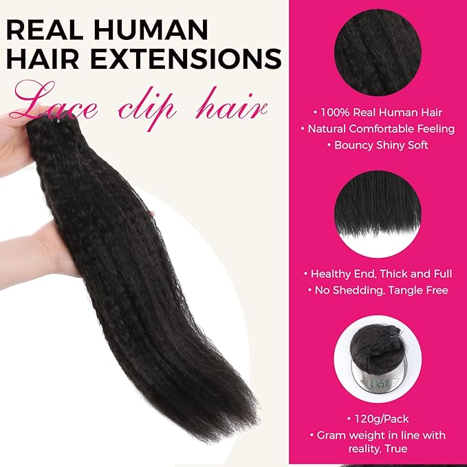 Lashey Clip in Hair Extensions Real Human Hair, Kinky Straight Hair Natural Black #1B 7pcs 120g 22 Inch Clip in Hair Extensions Remy Human Hair with Lace Weft Thick Human Hair for Women